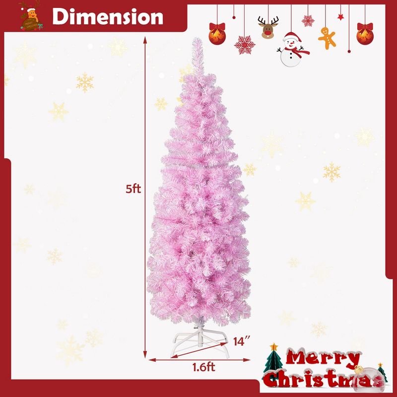 Costway 5 FT/6FT/7FT Pre-lit Christmas Tree Hinged Pencil Xmas Decoration with 190/250/350 LED Lights Pink, 4 of 11