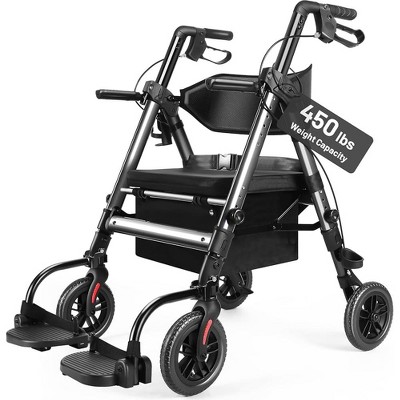 JUJABU Heavy-Duty 2-in-1 Rollator Walker & Transport Chair for Seniors, Foldable, with Seat, All-Terrain Wheels and Hand Brakes
