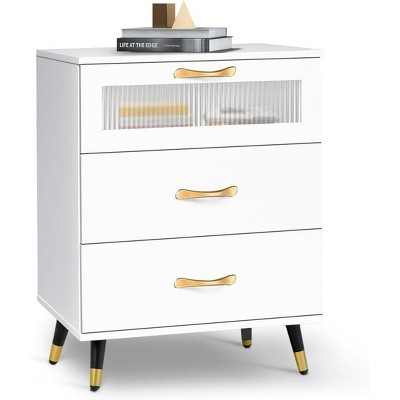 Modern Nightstand with Drawer, Mid Century Side Table Bedroom, Wood Dresser for Bedroom Cabinet, White