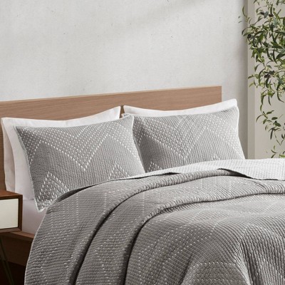 Gray King Cotton Reversible Quilt Set with Ridged Embellishment