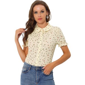 INSPIRE CHIC Women's Peter Pan Frilled Short Sleeve Floral Cotton Top - 1 of 4