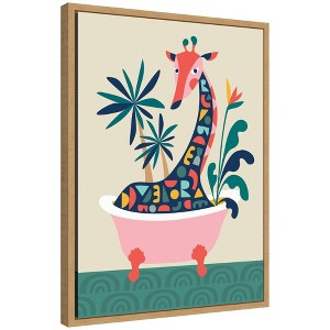 Kate & Laurel All Things Decor 18"x24" Sylvie MCM Giraffe in Bathtub Framed Canvas by Rachel Lee Natural - 1 of 4