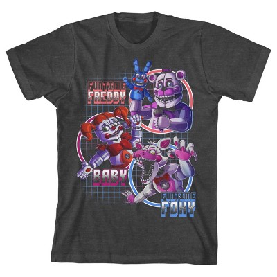 FNAF Sister Location Funtime Freddy Foxy and Baby Boy's Charcoal Heather T-shirt