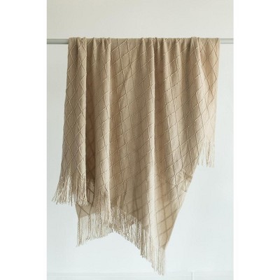 Khaki Knitted Throw Blanket Set with Fringe Edges, 50x60 in