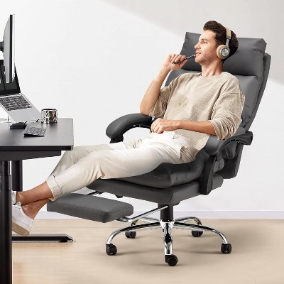 Dark Grey Leather Executive Massage Office Chair with Footrest