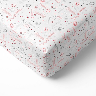 Bacati - Baseball Red/Gray Muslin 100 percent Cotton Universal Baby US Standard Crib or Toddler Bed Fitted Sheet