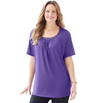 Catherines Women's Plus Size Jeweled Neck Pintuck Top