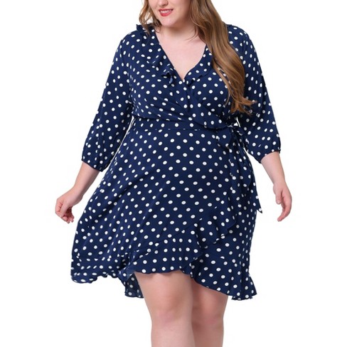 Agnes Orinda Women's Plus Size Polka Dots Elegant 3/4 Sleeve Ruffle Dress  Navy Blue 2x : Target