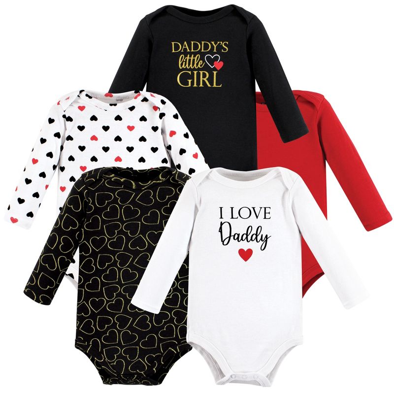 Hudson Baby Infant Girl Cotton Long-Sleeve Bodysuits, Girl Daddy Red Black 5-Pack, 1 of 8