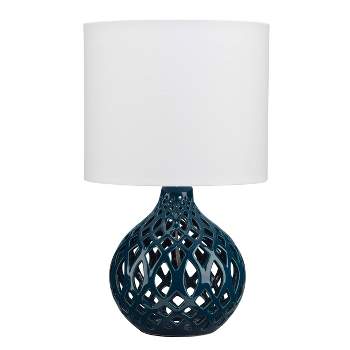 Fretwork Ceramic Table Lamp with Drum Shade Navy Blue - Splendor Home