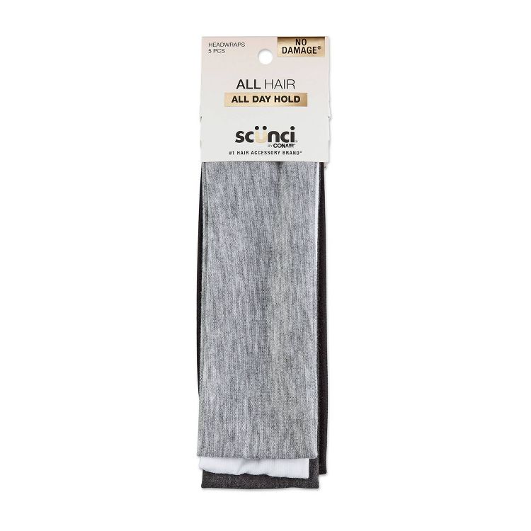 A pack of five headwraps in shades of gray and black with a label reading "ALL HAIR ALL DAY HOLD" and "NO DAMAGE."