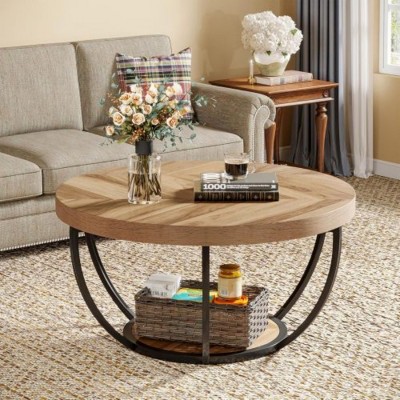 Syemin End Tables Round Coffee Table, Circle Coffee Table for Living Room, 2-Tier Wood Accent Center Table with Storage, Beige, 31.69"*31.69"*17.32"