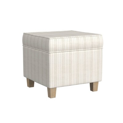 Cream Pinstripe Tufted Square Storage Ottoman with Wood Legs