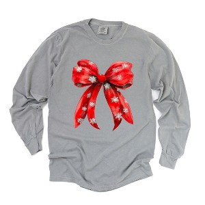 Simply Sage Market Women's Coquette Christmas Snowflake Bow Long Sleeve Garment Dyed Tee - 1 of 4
