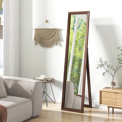 Freestanding Full Length Brown Pine Wood Rectangular Mirror