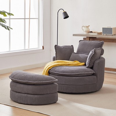 Modern Swivel Chair with Storage Ottoman, 360°Swivel Barrel Chair with 4 Pillows, Accent Single Sofa Chair for Living Room Bedroom Office