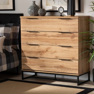 Reid Wood and Metal 4 Drawer Dresser Oak/Black - Baxton Studio: Contemporary Bedroom Storage, Minimalist Design - 1 of 4