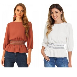 Allegra K Women's 3/4 Sleeve Round Neck Smocked Waist Peplum Blouse 2 Packs - 1 of 4