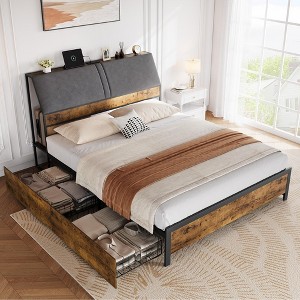 Platform Bed Frame with Upholstered Headboard, Charging Station, Durable Metal Frame, Noiseless, No Spring Mattress Required, Easy to Assemble - 1 of 4