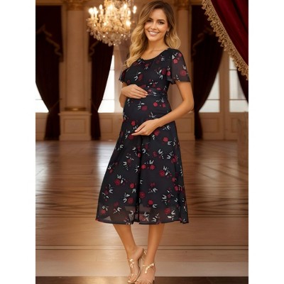Женские платья INSPIRE CHIC Women's Maternity Flowy Floral Dress Midi Photoshoot Formal Casual Pregnancy Dress 2026 Summer X-Large Black Dress & Red Rose — фото 2