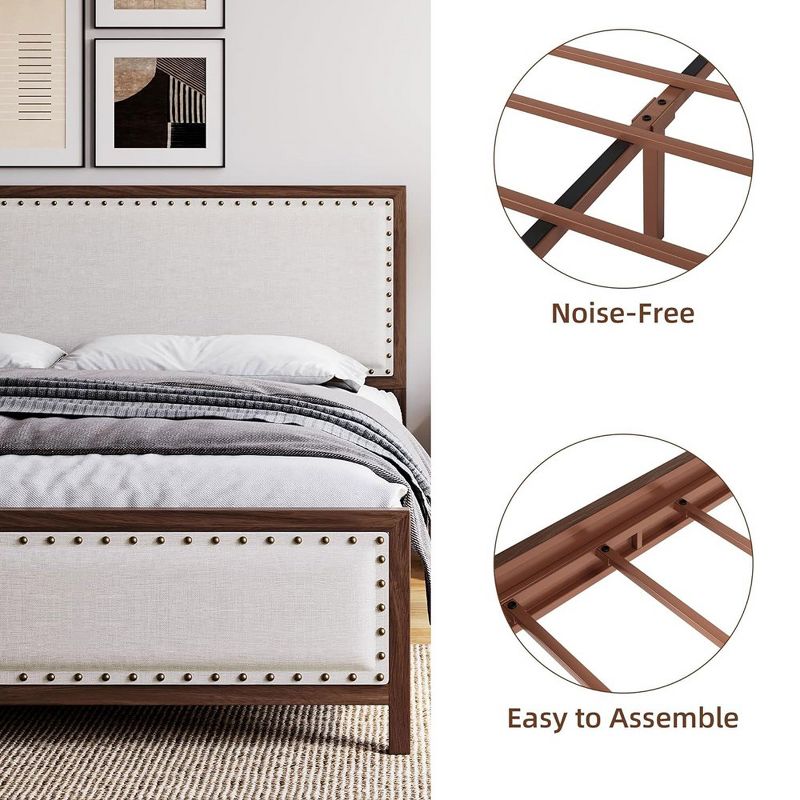 Metal Platform Bed Frame with Headboard and Footboard, Wood Grain Bed Frame with Rivet, No Box Spring Needed, Walnut, 5 of 7