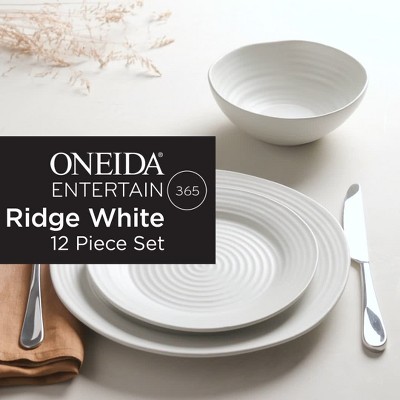 Oneida 12pc Stoneware Dinnerware Set Ridge White: Swirl Pattern