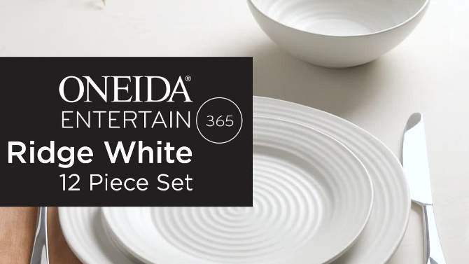 Oneida 12pc Stoneware Dinnerware Set Ridge White, 2 of 13, play video