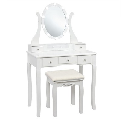 Tangkula Vanity Table Makeup Dresser Desk w/LED Light Drawers & Stool Black/Brown/White
