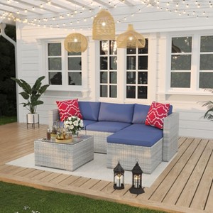 5PCs Outdoor Patio Furniture Set, Wicker Rattan Sectional Sofa with Glass Table & Anti-Slip Cushions for Porch, Garden, and Backyard, Grey/Blue - 1 of 4
