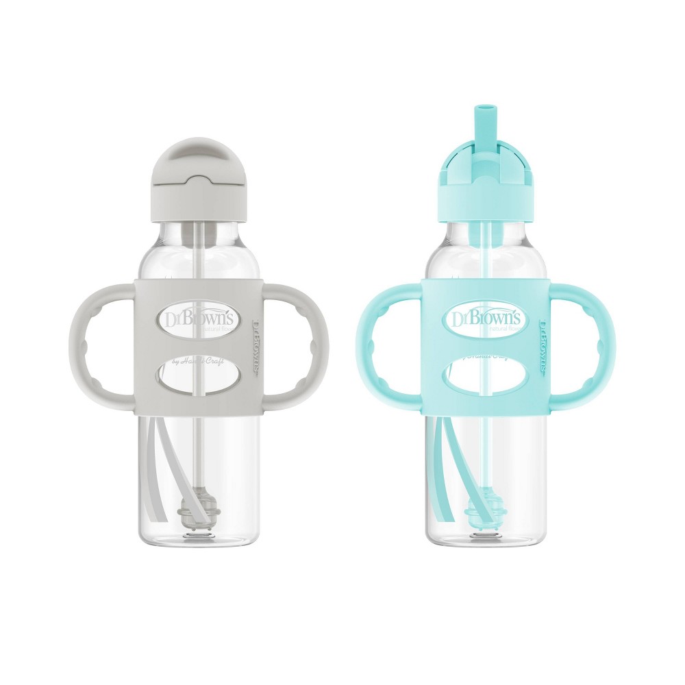 Dr. Brown's 8oz Milestones Narrow Sippy Straw Bottle with Silicone Handles - 2pk - 6m+ - Green & Gray