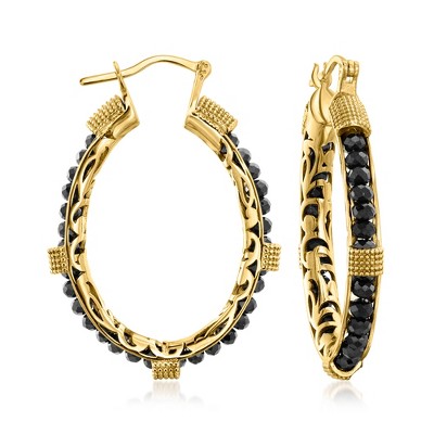 Ross-Simons 15.00 ct. t.w. Black Spinel Bead Hoop Earrings in 18kt Gold Over Sterling