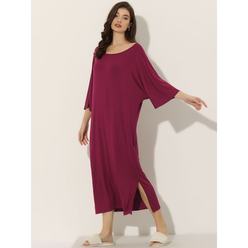 cheibear Women's soft Three Quarter Sleeve Solid Slit Hem Pajama Dress, 2 of 6