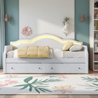 Polibi Velvet Twin/Full Daybed with APP-Controlled Light Strip and 2 Drawers