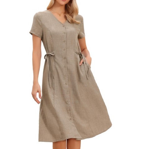 Женские платья INSPIRE CHIC Women's Summer Button Down V Neck Short Sleeve Drawstring Waist Work Midi Dress X-Large Khaki