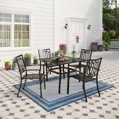Captiva Designs 5pc Patio Slat-top Square Steel Dining Table with Umbrella Hole & Metal Arm Chairs