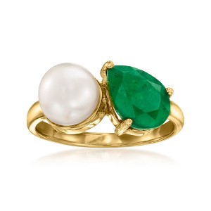 Ross-Simons 7.5-8mm Cultured Pearl and 2.20 Carat Emerald Toi Et Moi Ring in 18kt Gold Over Sterling - 1 of 4