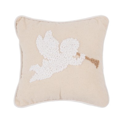 C&F Home 8" x 8" White Singing Angel with Gold Horn on Biege Background  French Knot Small Petite Accent Throw Pillow