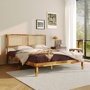 FUFU&GAGA Classic Solid Wood Queen Bed Platform Bed: High - Load Capacity & Chic Geometric Design - 1 of 4