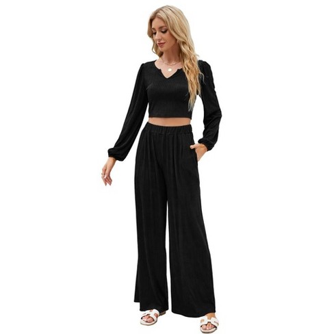 Women Co ords 2 Piece Sets Fashion Textured Lounge Sets Long Sleeve V Neck Crop Top Wide Leg Palazzo Pants Casual Trousers Sets Black L