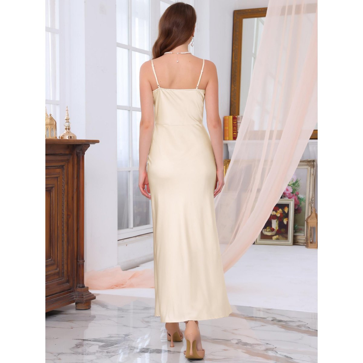Женские платья INSPIRE CHIC Women's Satin Spaghetti Strap Cowl Neck Ruched Evening Cocktail Sleeveless Midi Dresses Medium Champagne — фото 4