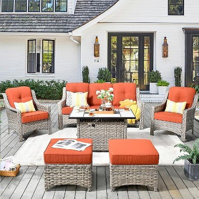 XIZZI 6 Pieces Furniture Set with Fire Pit Table, All Weather Wicker Furniture Set with 3-Seat Sofa and Ottomans, Rattan Conversation Set