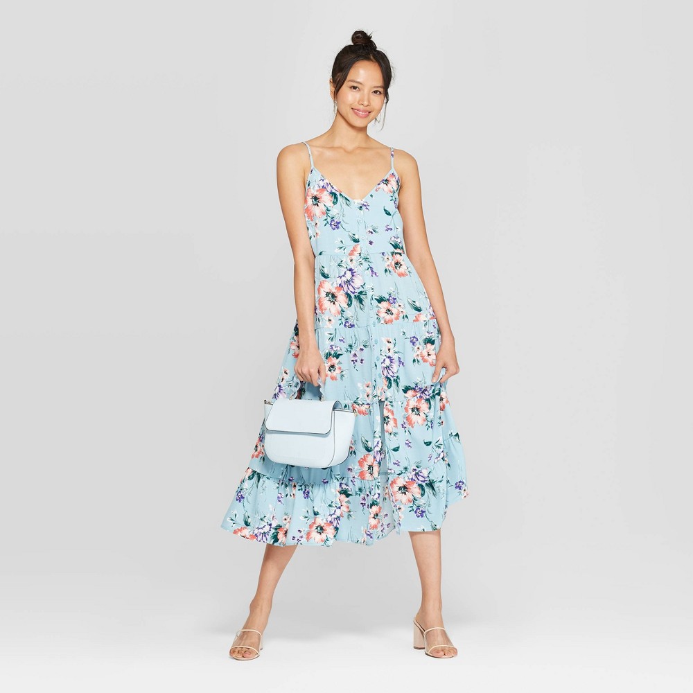  Strappy Button Front Tiered Midi Dress flowers floral blue woman