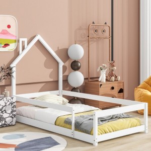 Durable Twin Size Wooden Bed with House-Shaped Headboard and Enclosing Fences, Designed as a Floor Bed - 1 of 4