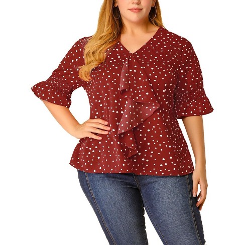 Agnes Orinda Women's Plus Size Pin Dots Smocked Floral Boho Blouses Red 1x  : Target