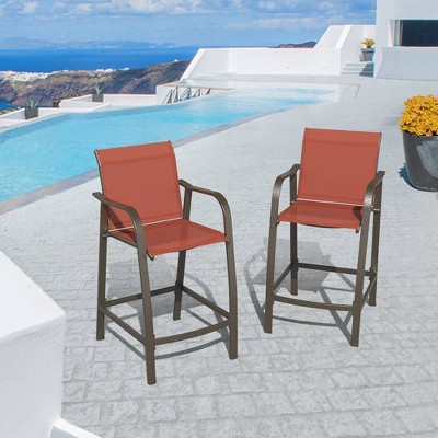 Pellebant Orange Textilene Aluminum Outdoor Counter Height Bar Stools, Set of 2