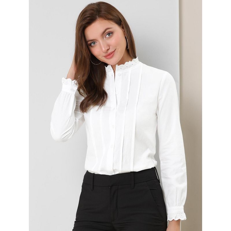 Allegra K Women's Mock Neck Blouse Ruffle Work Office Cotton Pleated Button Up Shirt, 2 of 7