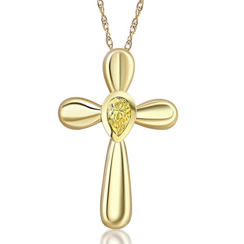 Pompeii3 1/4 ct Yellow Diamond Pear Shape Cross Pendant Lab Created Yellow Gold Necklace 1", 1 of 4