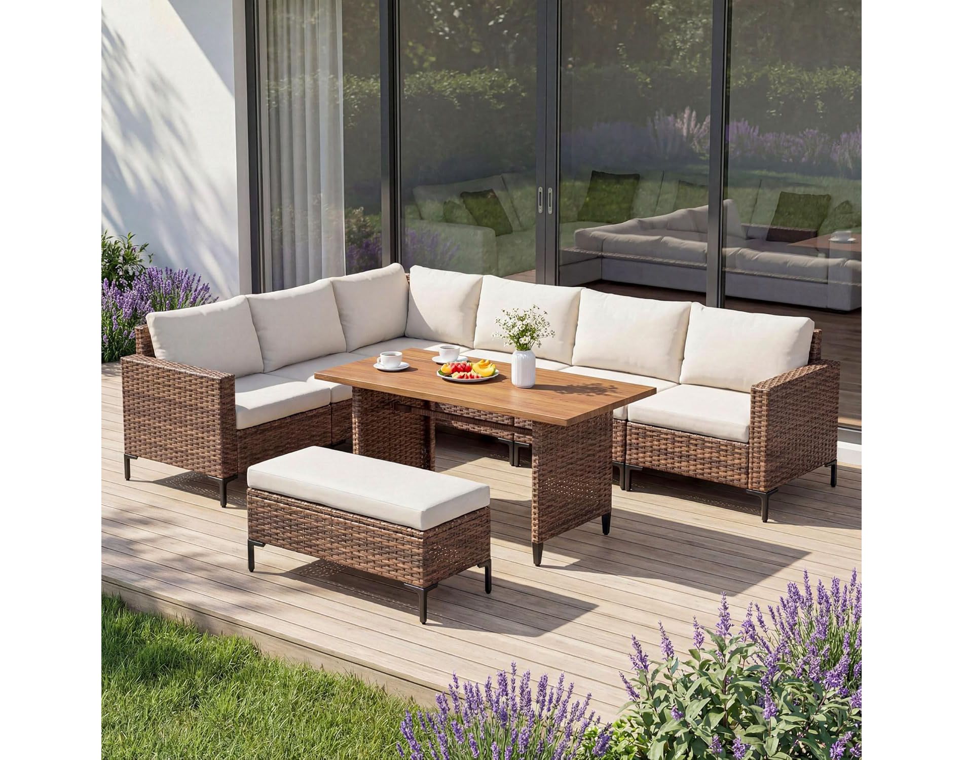 LAUSAINT HOME 8 Pieces Outdoor Patio Furniture Set, PE Wicker Sectional Conversation Sofa with Adjustable Backrests, Storage Ottoman