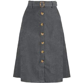 Allegra K Women's High Waist Button Front A-Line Belted Corduroy Midi Skirt