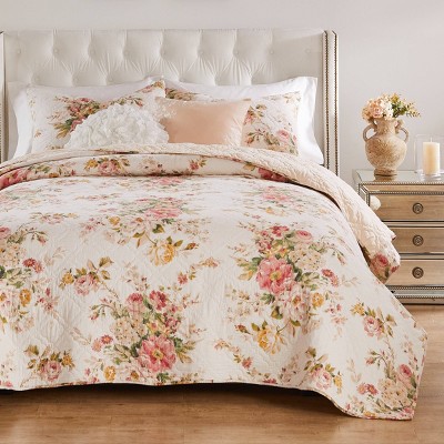 Full Pink Cotton Reversible Floral Quilt Set